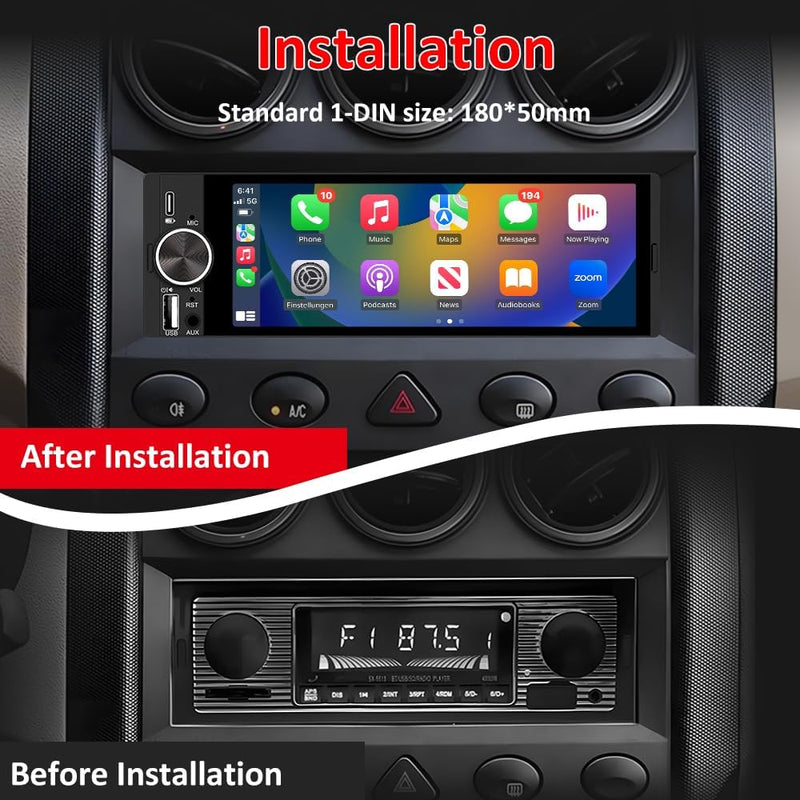 Single Din Radio Car Stereo with CarPlay & Android Auto, 6.28 Inch HD Touch CarPlay Screen, Backup Cam,Bluetooth, MP5,USB Type-C, SWC, EQ, FM Radio with External Mic black