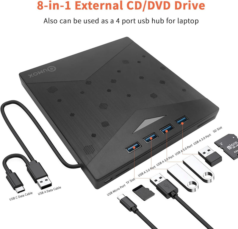 [AUSTRALIA] - External CD/DVD Drive for PC, Portable 7 in1 USB 3.0 CD Drive External Usb, CD Reader for PC CD Burner with 4 USB Ports and TF/SD Card Slots, External Dvd Burner for Windows 11/10/8/7/XP/Linux/MacOS 7 in 1 