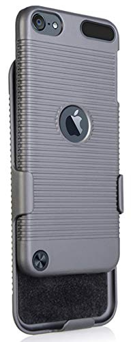 Case with Clip for iPod Touch 7/6/5, Nakedcellphone Black Ribbed Hard Cover and Belt Hip Holster Holder Combo with Stand for Apple iPod Touch 7th 6th 5th Generation
