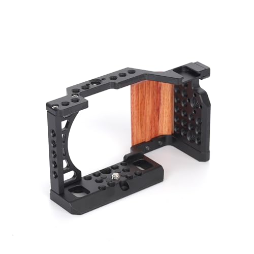 Frame Cage for Sony Alpha A6400/A6500/A6300/A6100/A6000 Camera, Full Protection Frame Rabbit Cage with Multiple 1/4" 3/8" Screw Holes, Cold Shoe and Arca Quick Release Plate & Wooden Handgrip