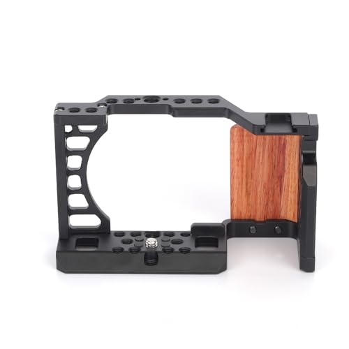 Frame Cage for Sony Alpha A6400/A6500/A6300/A6100/A6000 Camera, Full Protection Frame Rabbit Cage with Multiple 1/4" 3/8" Screw Holes, Cold Shoe and Arca Quick Release Plate & Wooden Handgrip