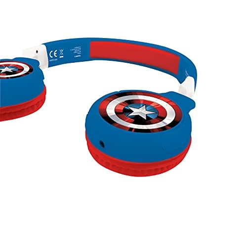 LEXiBOOK, Avengers Bluetooth Headphones, HPBT010AV | 2-in-1 Bluetooth & Wired, Kids safe, Foldable, Adjustable, Red/Blue