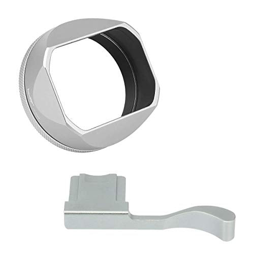 Haoge LH-X54W and THB-X2S Square Metal Lens Hood and Metal Hot Shoe Thumb Grip for Fujifilm Fuji X100V Camera Accessories Silver