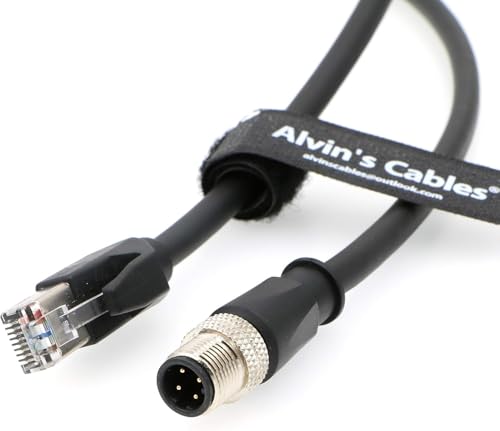 Alvin's Cables M12 D-Code 4 Pin Male to RJ45 Ethernet Cable High-Flex for Industrial Camera Sensor, Automation Application 6.6ft/2m Green Black Straight 4 Pin