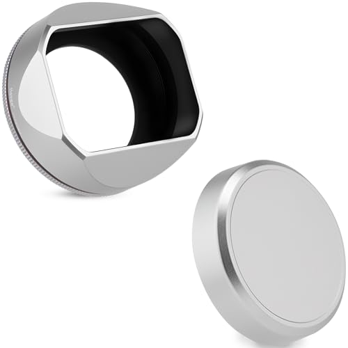 Haoge Squaret Metal Lens Hood for Fujifilm XF23mm F2.8 on XE5 Cemera Body kit Fujinon XF27mmF2.8 R WR Lense 39mm Screw-in Hood Silver,with Metal Cap