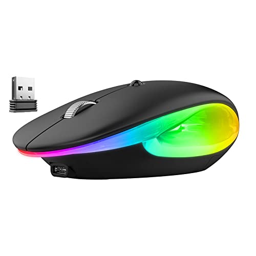 Dancesoul LED Rechargeable Wireless Mouse, 2.4G Noiseless Mouse with USB Receiver and RGB Light,Portable Computer Mice for PC, Tablet, Laptop-Black Mouse