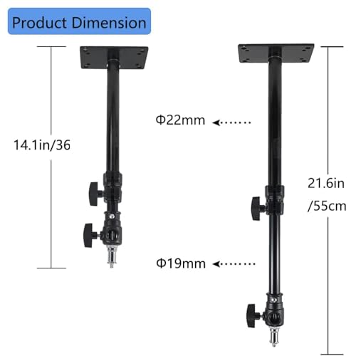 Camera Ceiling Wall Mount Light Stand 14.1-21.6inches/36-55 cm with 1/4 inch to 3/8 inch Universal Adapter Photography Arm for Photo Studio Video Light, Flash, Ring Light, Reflector