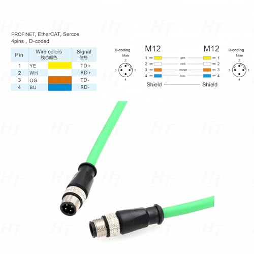 HangTon Ethernet Sensor Vision Camera M12 4 Pin D Code to M12 4 Pin D Coded Cable for Baumer Encoder Industrial Automation PLC Network 5m