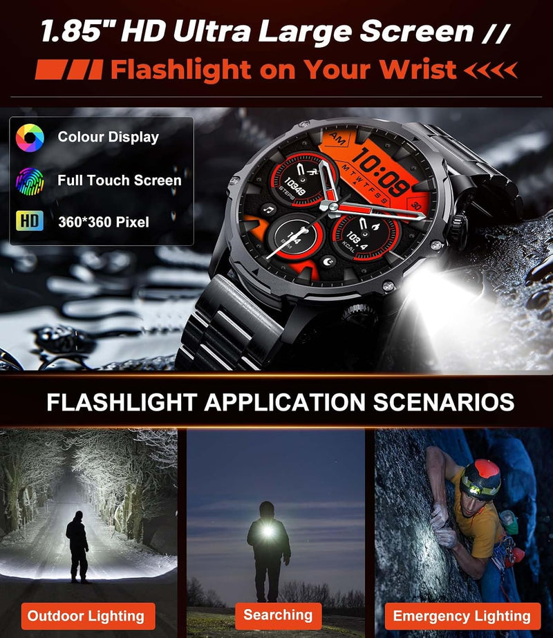 Military Smart Watch for Men Answer/Make Call, 1.85'' HD Rugged Smartwatch with 1000mAh Battery/Flashlight/Heart Rate/110+ Sports Mode, IP68 Waterproof Fitness Tracker Watch for Android iPhone Black