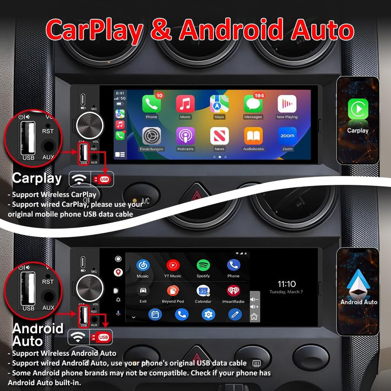 Single Din Radio Car Stereo with CarPlay & Android Auto, 6.28 Inch HD Touch CarPlay Screen, Backup Cam,Bluetooth, MP5,USB Type-C, SWC, EQ, FM Radio with External Mic black
