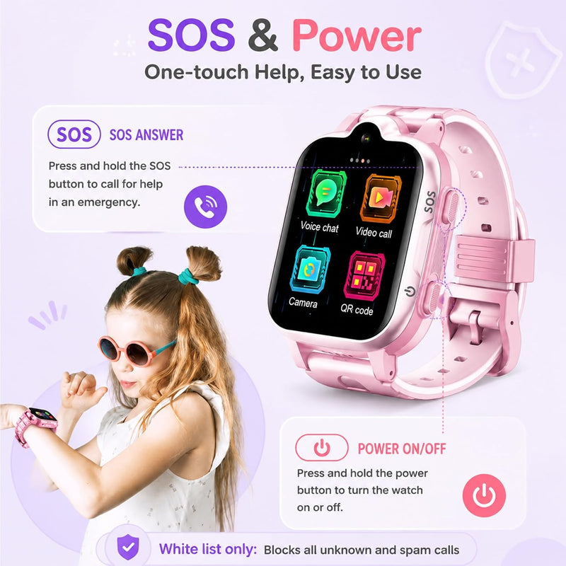 4G Kids Smart Watch with GPS Tracker, Video Call & Texting, Smart Watch for Kids with SIM Card, SOS, School Mode, HD Camera, Pedometer, Kid Watch Gift for Boys Girls Age 4-12, Pink