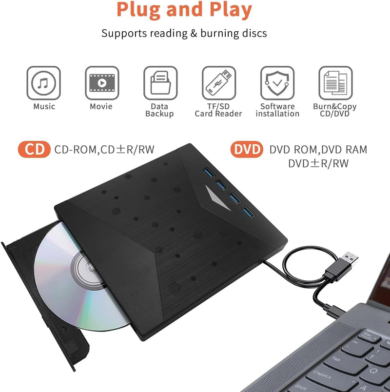 [AUSTRALIA] - External CD/DVD Drive for PC, Portable 7 in1 USB 3.0 CD Drive External Usb, CD Reader for PC CD Burner with 4 USB Ports and TF/SD Card Slots, External Dvd Burner for Windows 11/10/8/7/XP/Linux/MacOS 7 in 1 