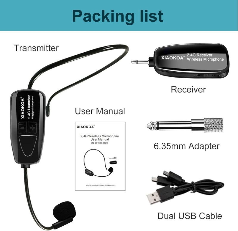 Wireless Microphone Headset with Digital Screen, Adjustable UHF Wireless Headset Mic System Headset Handheld 2 in 1, 164 ft Range, 1/8''&1/4'' Plugs for Voice Amplifier, PA System, Speakers, Teaching
