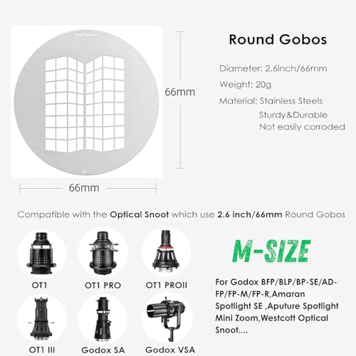 17Pcs M-Size 66mm Stainless Steel Gobos Kit for Optical Snoot | Heat-Resistant Light Modifier for Godox/Aputure/Westcott 66mm/2.6inches Emotion