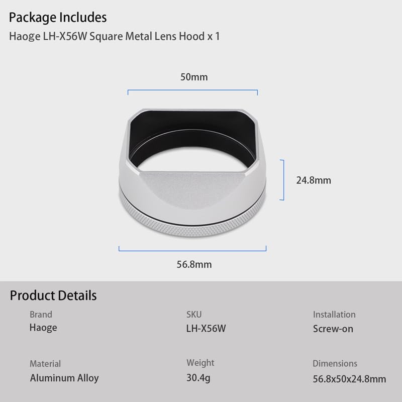 [AUSTRALIA] - X100VI Square Metal Lens Hood for Fujifilm Fuji X100VI Camera Silver with 49mm UV Filter Adapter Ring Haoge LH-X54W 