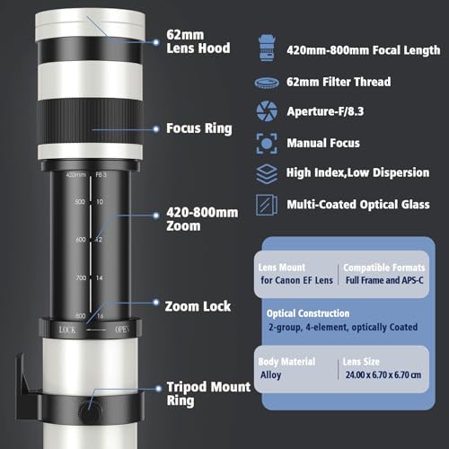 EF/EF-S 420-800mm F8.3 Telephoto Zoom Lens(MF) for Canon EOS Rebel T8i/T7i/T7/T6i/T5/T3i/T2i/XSi/SL3/SL2/T100/90D/80D/70D/50D/5D Mark IV/6D II/7D II/1D X III II-Manual Focus DSLR Cameras Lenses(White) For Canon EF/EF-S (White)