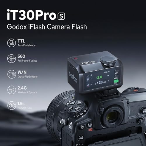 Godox iT30Pro S iT30Pro-S Flash for Sony, 2.4G Mini Sony Flash HSS 1/8000s, 560 Full Power Flashes, 2.8" Full-Color Touchscreen, Built-in Diffuser and Lithium Battery, TTL Auto-Exposure(Black) iT30ProS for Sony
