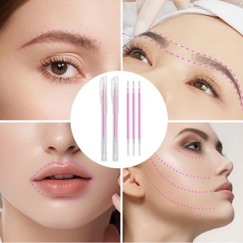 Pack of 2 Skin Markers, Surgical Skin Marker, Permanent Make Up Pen, Tattoo Piercing Positioning Pen, Eyebrow Pen, with 3 Refills, for Eyebrows, Lips, Body Art (Pink)