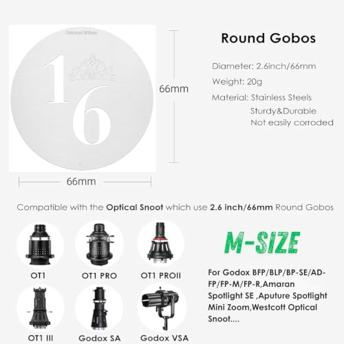 17Pcs M-Size 66mm Stainless Steel Gobos Kit for Optical Snoot | Heat-Resistant Light Modifier for Godox/Aputure/Westcott 66mm/2.6inches Storytelling