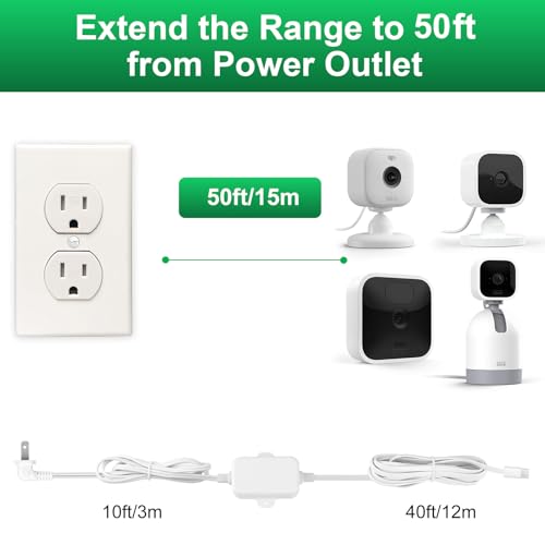 50ft Weather Resistant Power Adapter for Blink Mini 2,Blink Outdoor 4 (4th Gen)(3rd Gen)/Mini,No Need Charger Head,IP67 Waterproof Flat Power Cable with Extra Type C to Micro USB Adapter white 1Pack 50 FT