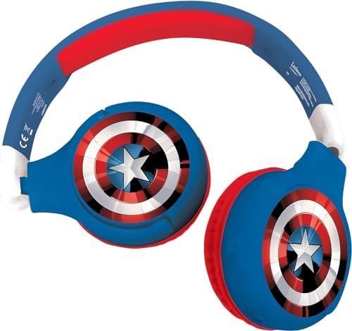LEXiBOOK, Avengers Bluetooth Headphones, HPBT010AV | 2-in-1 Bluetooth & Wired, Kids safe, Foldable, Adjustable, Red/Blue
