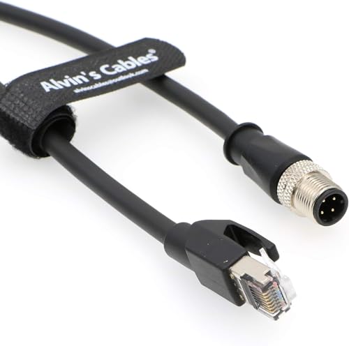 Alvin's Cables M12 D-Code 4 Pin Male to RJ45 Ethernet Cable High-Flex for Industrial Camera Sensor, Automation Application 6.6ft/2m Green Black Straight 4 Pin