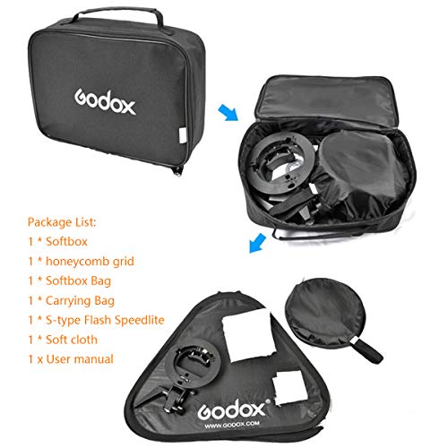 Godox S Type Bracket Bowens Holder S Mount Holder with Foldable 40x40cm /15.7x15.7 inches Softbox and Honeycomb Grid & Bag Kit for Flash Camera Studio Photography 15.7"x15.7"