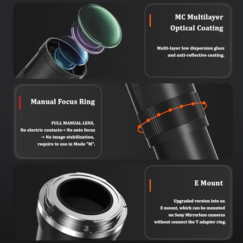 420-800mm Telephoto Lens for Sony E Manual Focus(MF) Zoom Lens for Sony A7C A7R A7S A7 A9 A6700 A6600 A6500 A6400 A6300 A6100 A6000 A5100 A5000 NEX-7 NEX-6 NEX-5 ZV-E10 etc (for Sony E Mount) For Sony E/ NEX / FE