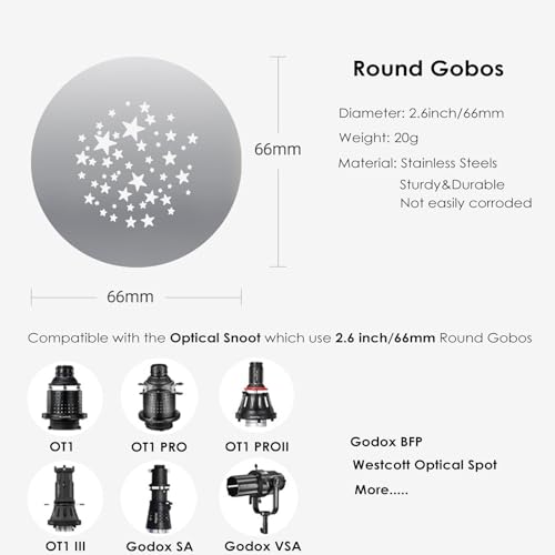 16Pcs Round Gobos Kit for Optical Snoot,66mm/2.6in Metal Plate Patterns for Spotlight Attachment Compatible with Godox BFP/OT1/OT1 Pro/II/Westcott Optical Spot,for Portraits/Product/Food/YouTube 16packs Patterns