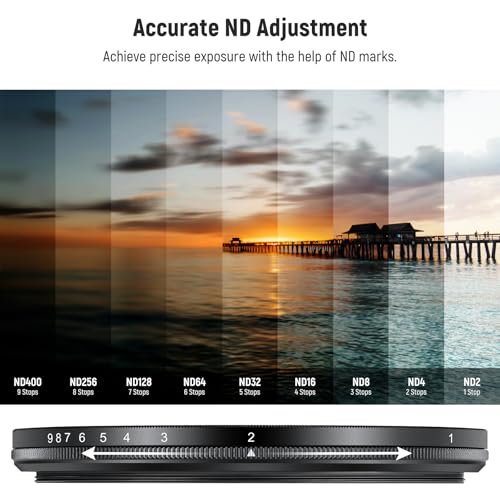 NEEWER 52mm ND2-400 (1-9 Stops) Variable ND Filter with Lens Cap, Lanyard, Cleaning Cloth, Precise Neutral Density Adjustment, Fingerprint & Scratch Resistant Multicoated Optical Glass ND2-ND400