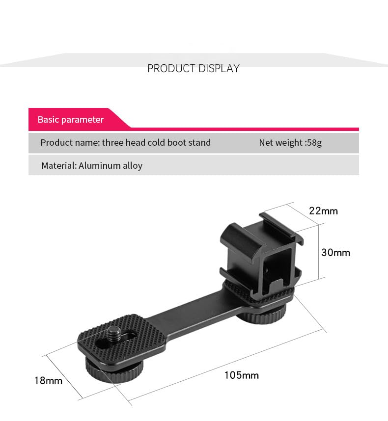 Aluminum Camera Cold Shoe Mount, Hot Shoe Extension Camera Flash Bracket for Light, Mic, with 1/4'' Tripod Screw (ST-001) ST-001