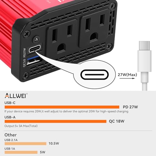 ALLWEI 300W Power Inverter DC 12V to 110V AC, Compact Car Plug Adapter Outlet with 27W PD USB-C &18W USB-A Fast Charging, Cigarette Lighter Adapter Car Charger for Phone - Red and Black