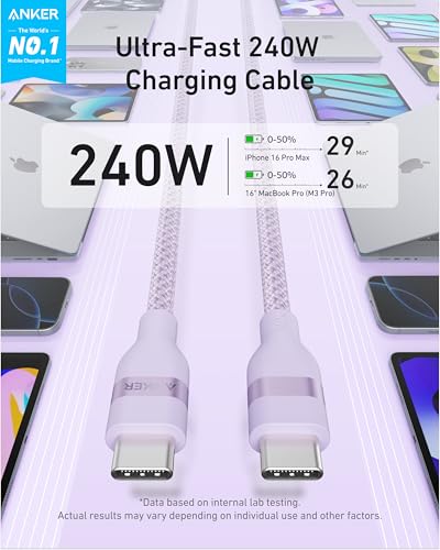 Anker Go Kit, Nano USB-C Cable, 240W Flexible Braided Cord, Nano Charger, 30W USB-C GaN Charger, Fast Charging for iPhone 17 Series, MacBook Pro, and More (Purple, 6 ft