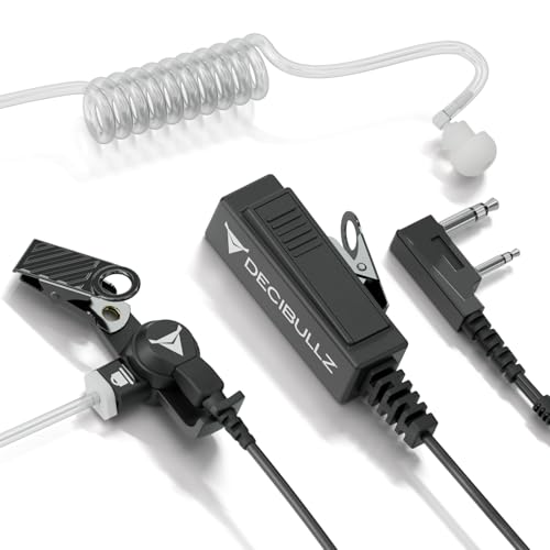 Decibullz 2-Way Surveillance Acoustic Tube Headset, K1 Earpiece Audio Set Compatible with Kenwood K-Plug & Baofeng, Inline PTT Mic, Clear Coil, K-Type 2-Pin (3.5mm & 2.5mm) Jack + Awareness