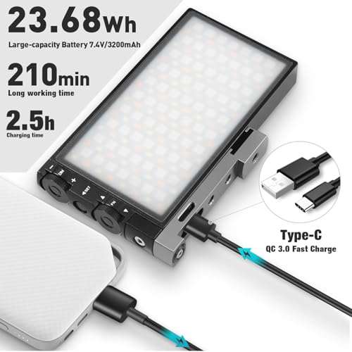Pixel G1s RGB Video Light with APP Control, 12W 210 Minutes Rechargeable Battery LED Camera Light, 10 Common Lighting Effects, CRI≥97 2500-8500K LED Video Light with Aluminum Alloy Body