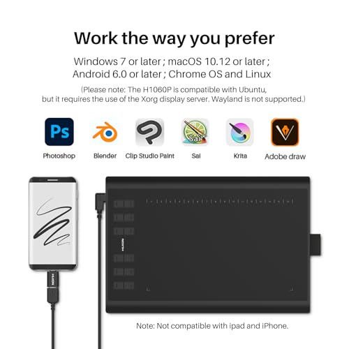 HUION Inspiroy H1060P Graphics Drawing Tablet with 8192 Pressure Sensitivity Battery-Free Stylus and 12 Customized Hot Keys, 10 x 6.25 inches Digital Art Tablet and Large Size Glove