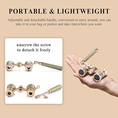 Aroncent Opera Glasses Binoculars 3X25 Theater Glasses Mini Binocular Compact with Handle for Adults Ladies Women in Opera Musical Concert B-Gold with Handle