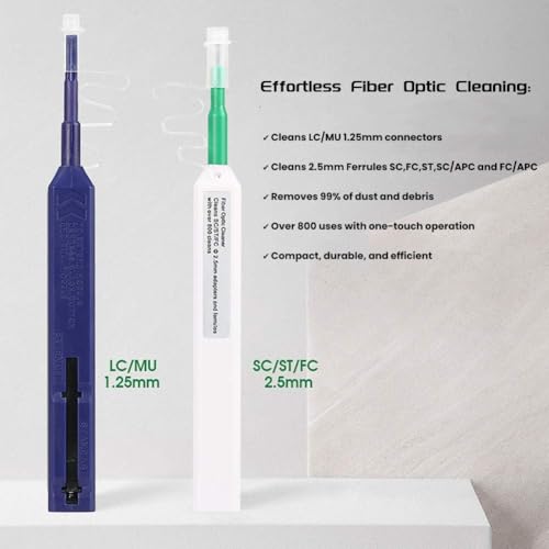 Zenithra Fiber Optic Cleaner Pen Set, 1.25mm LC/MU and 2.5mm SC/STE2000/FC Connectors - 800+ Cleans