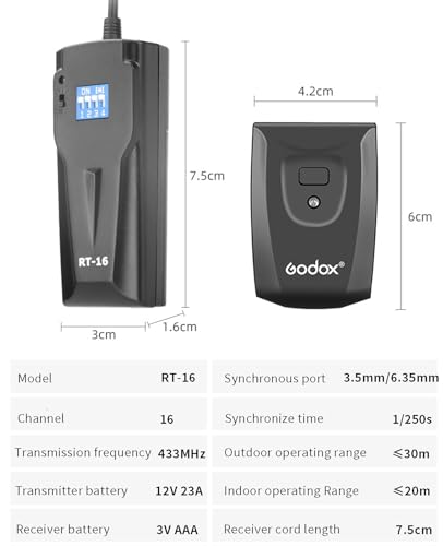 Godox RT-16 Wireless Flash Trigger Kit,2 in 1 Transmitter with Receiver for Studio Strobe Flash Photography,433MHz 16 Channels Trigger Compatible with Canon Nikon Sony Fujifilm Olympus Pentax Camera