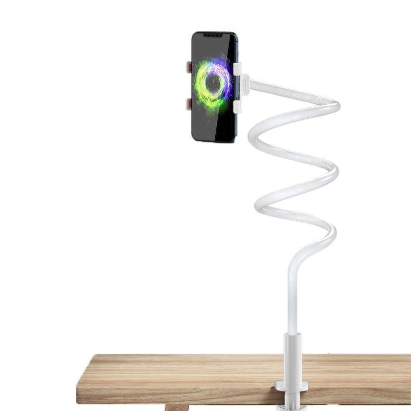 Gooseneck Phone Holder for Bed or Desk: Gooseneck Cell Phone Stand with 43.3 Inches Flexible Long Arm & Clamp | Headboard Phone Mount with Clip Fit for iPhone or Mobile Phone (White) White