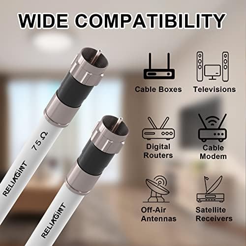 50ft White RG6 Coaxial Cable with F Connector, F81 Female Extension Adapter, Low Loss High-Speed Coax Cable Cord Extender for HD TV, Dish, Satellite, Antenna 50' 50 FT