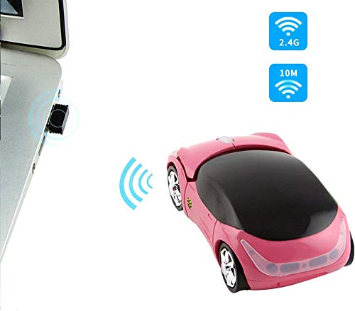 Cool 3D Sport Car Shape Mouse 2.4GHz Wireless Mouse Optical Ergonomic Gaming Mice Mini Small Office Mouse with USB Receiver for PC Laptop Computer for Kids Girls,1600DPI 3 Buttons(Pink) pink