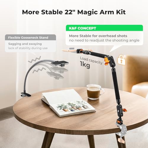 K&F CONCEPT 22" Magic Arm, Overhead Desk Camera Arm Mount, Long Articulating Friction Boom Arm for Phone, Action Camera, LED Light, Microphone 22" Magic Arm Only