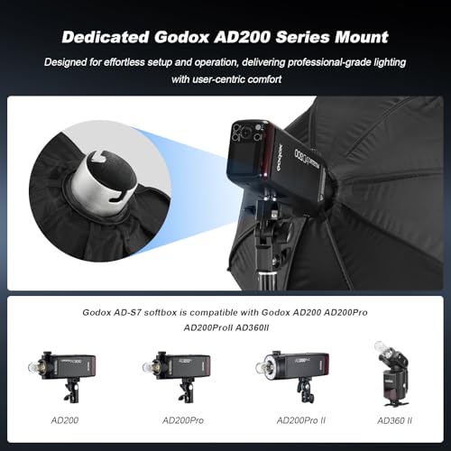 Godox AD-S7 48cm/18.9inch Softbox for Godox AD200 AD200Pro AD200Pro II AD360II, Quick Set up Release Soft Box with Grid Diffuser Carry Bag