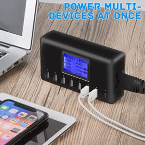 USB Charger, slitinto 60W 12A 8-Port USB Charging Station Multi Port USB Hub Charger Compact Size LCD Display Compatible with iPhone iPad Samsung Kindle Tablet Bluetooth Earbuds and More Black