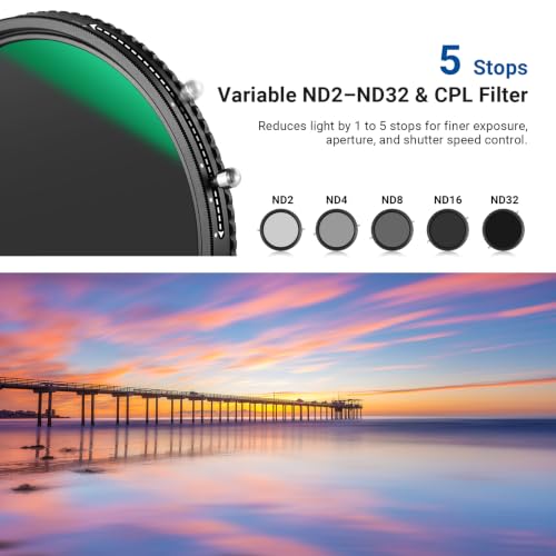 NEEWER 2 in 1 62mm Variable ND Filter ND2–ND32&CPL Filter(Circular Polarizer Filter) No X Cross/30 Layer Nano Coated/HD Optical Glass/Ultra Slim Aluminum Alloy Frame/Water Repellent/Scratch Resistant