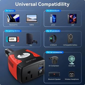 BESTEK 150W Car Power Inverter 12V to 110V AC Outlet PD 30W QC 18W USB | Voltage Converter/Car Charger/Power Adapter/Dual Charging Ports/Safety Protection/Road Trip/Camping Black