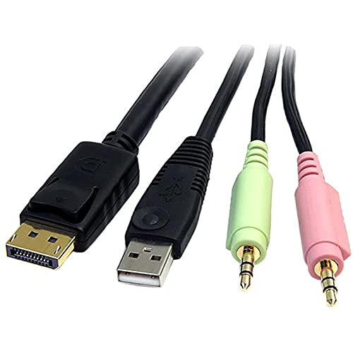StarTech.com 6ft 4-in-1 USB DisplayPort KVM Switch Cable w/Audio & Microphone (DP4N1USB6),Black | Latching DisplayPort, Single bundled cable for keyboard video mouse, Gold plated connectors, Molded strain relief