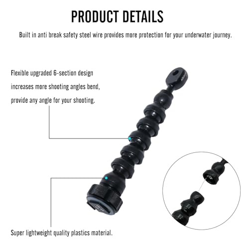 6" Flexible Extension Arm Mount with YS Head Adapter Connector, Diving 360° Adjustable Gooseneck 6-Section Lightweight Arm for Underwater Camera Housing Cold Hot Shoe Photography Gear Lighting System