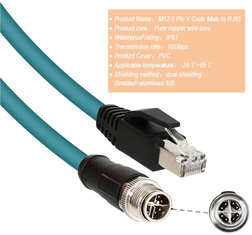 M12 X-Code 8 Pin Industrial Ethernet Cable, IP67 Waterproof Shielded Sensor Cable, Male to Female High-Flex Aviation Connector for Cognex Camera, PLC, Automation System Male X-8pin to Male RJ45 2m